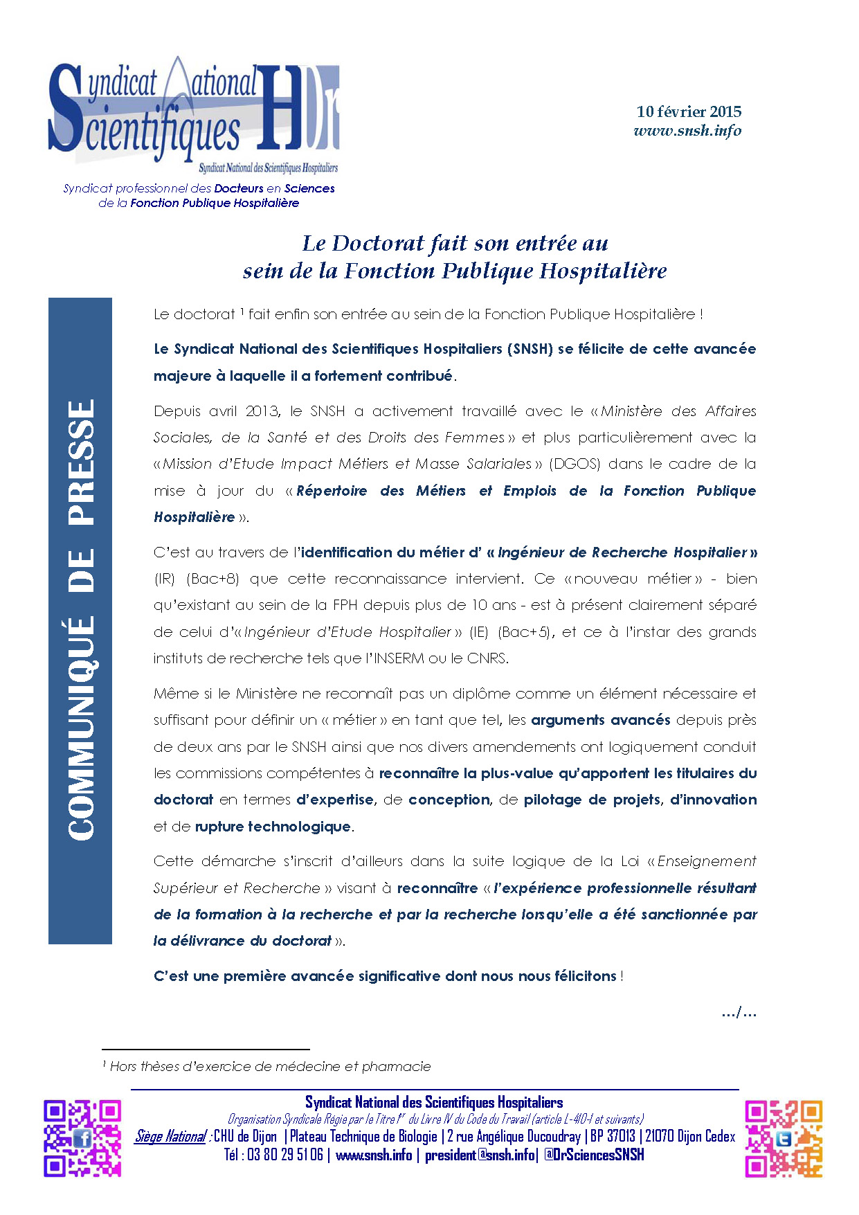 2015 02 10 LE DOCTORAT FAIT SON ENTREE DANS LA FPH