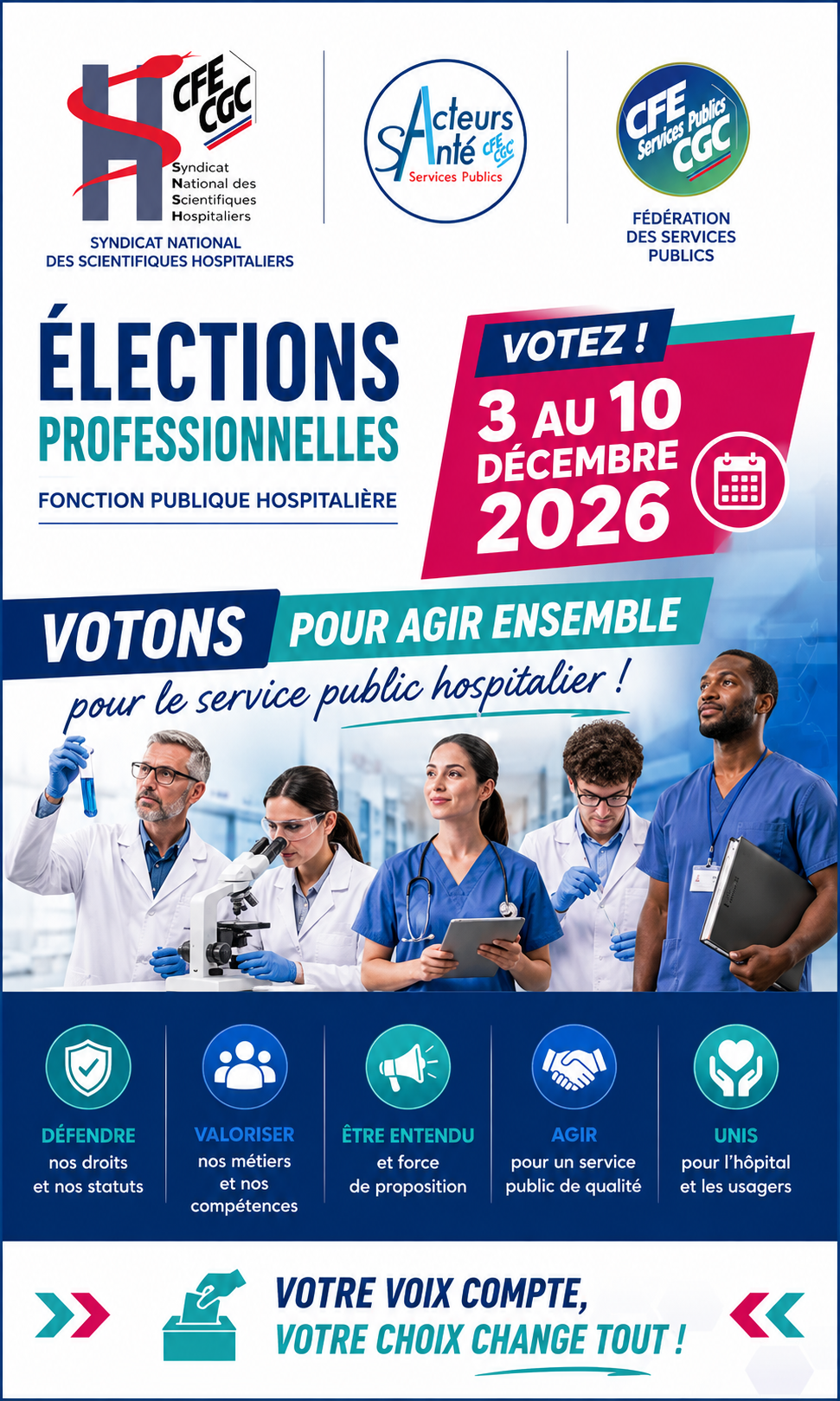 Élections professionnelles 2026 dans la Fonction publique hospitalière – SNSH, Acteurs Santé et Fédération des Services Publics CFE-CGC