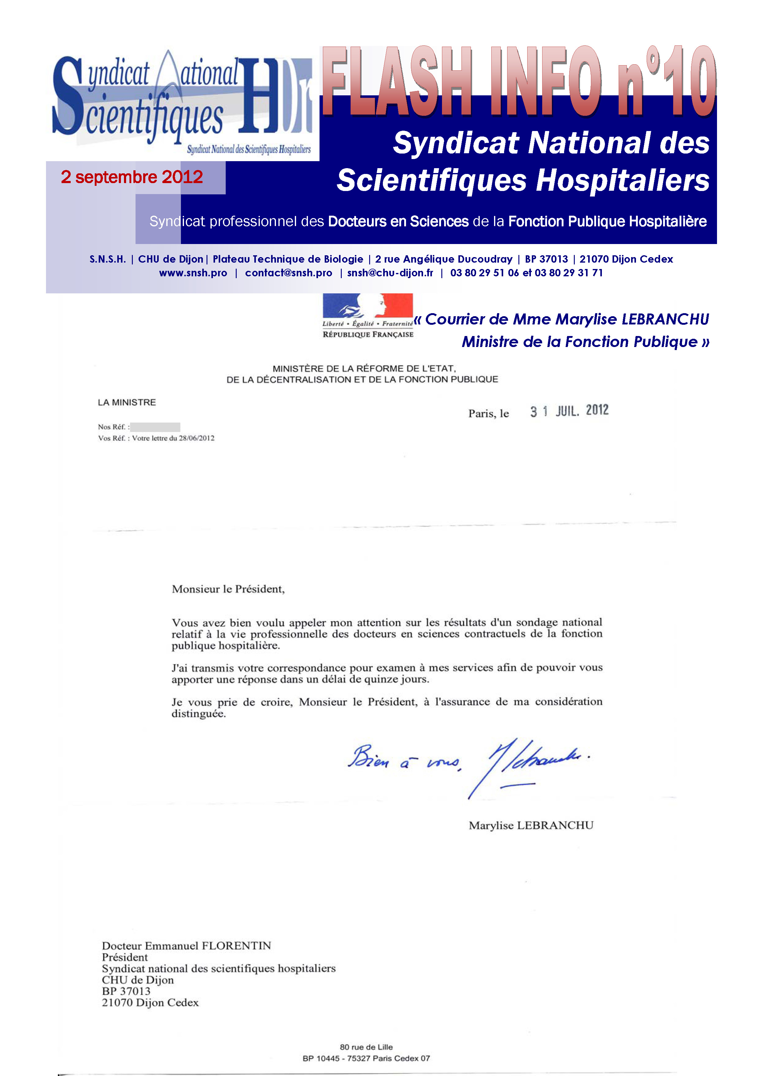 Flash Info SNSH n°10 du 2 septembre 2012 consacré au courrier de Marylise Lebranchu