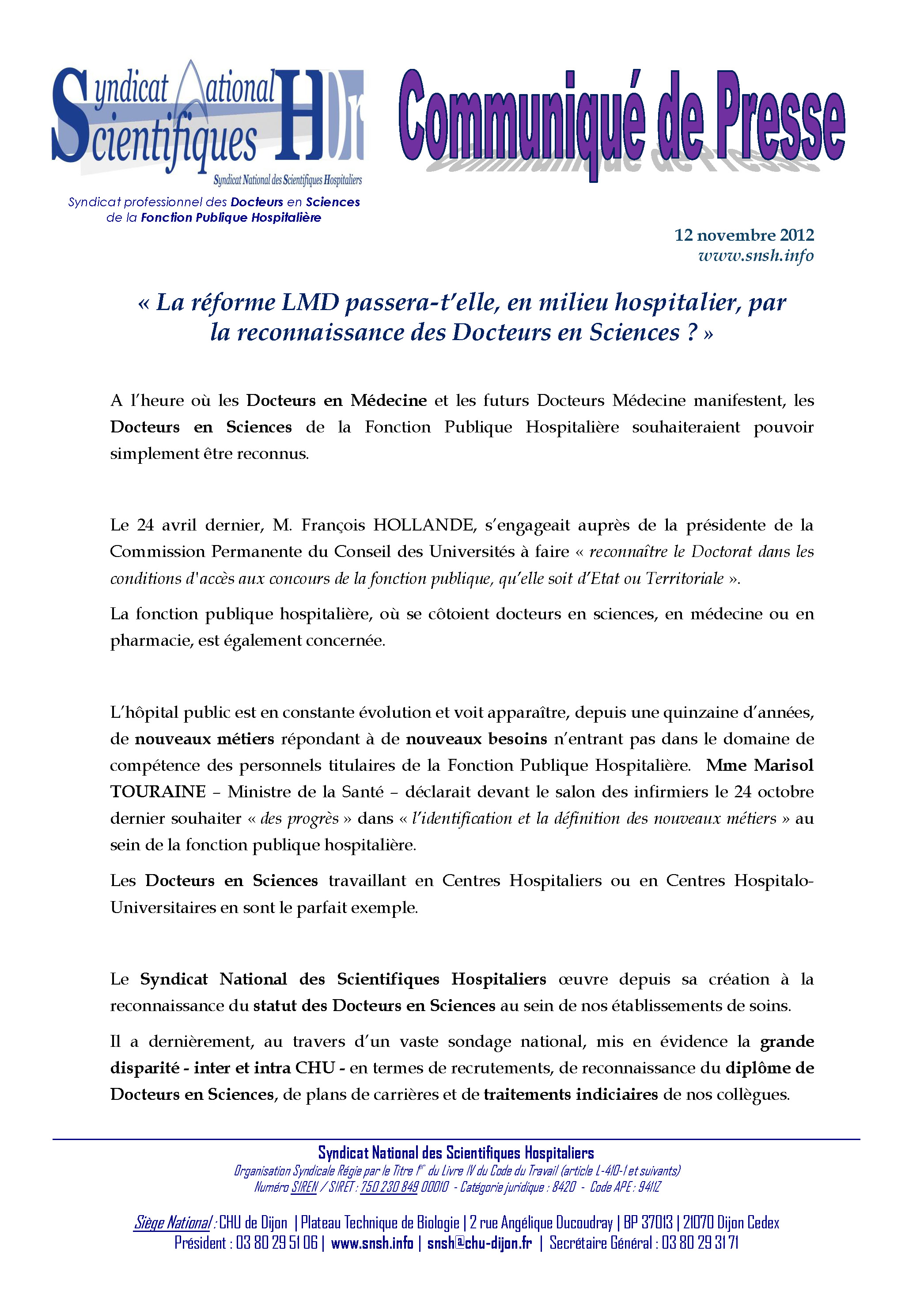 Communiqué de presse SNSH du 12 novembre 2012 sur la réforme LMD et la reconnaissance des docteurs en sciences