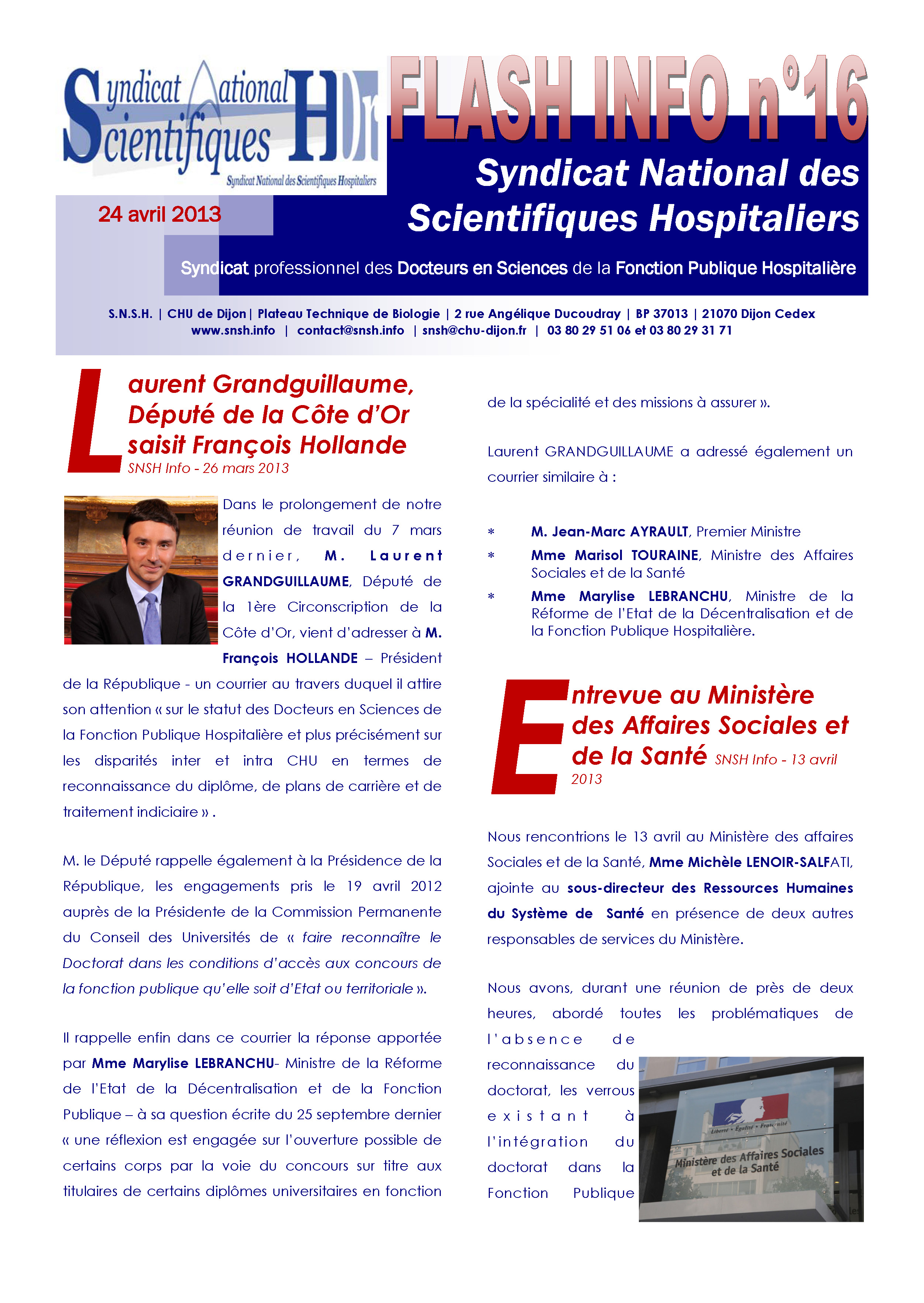 Flash Info SNSH n°16 du 24 avril 2013 sur le doctorat dans la Fonction publique hospitalière