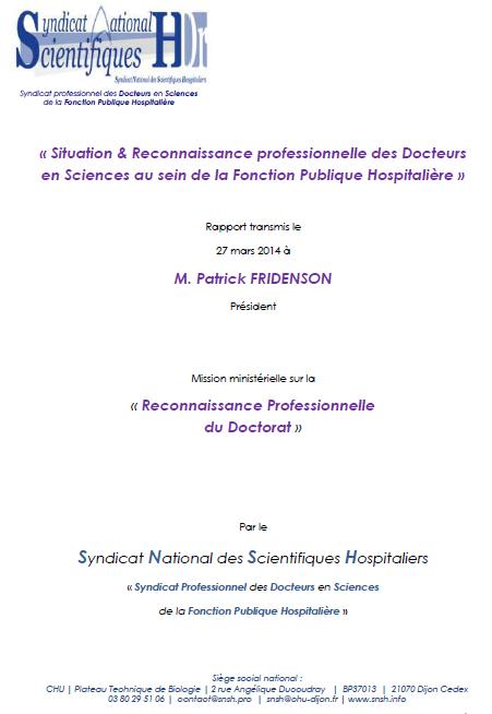 Rapport SNSH adressé à Patrick Fridenson sur la reconnaissance professionnelle du doctorat