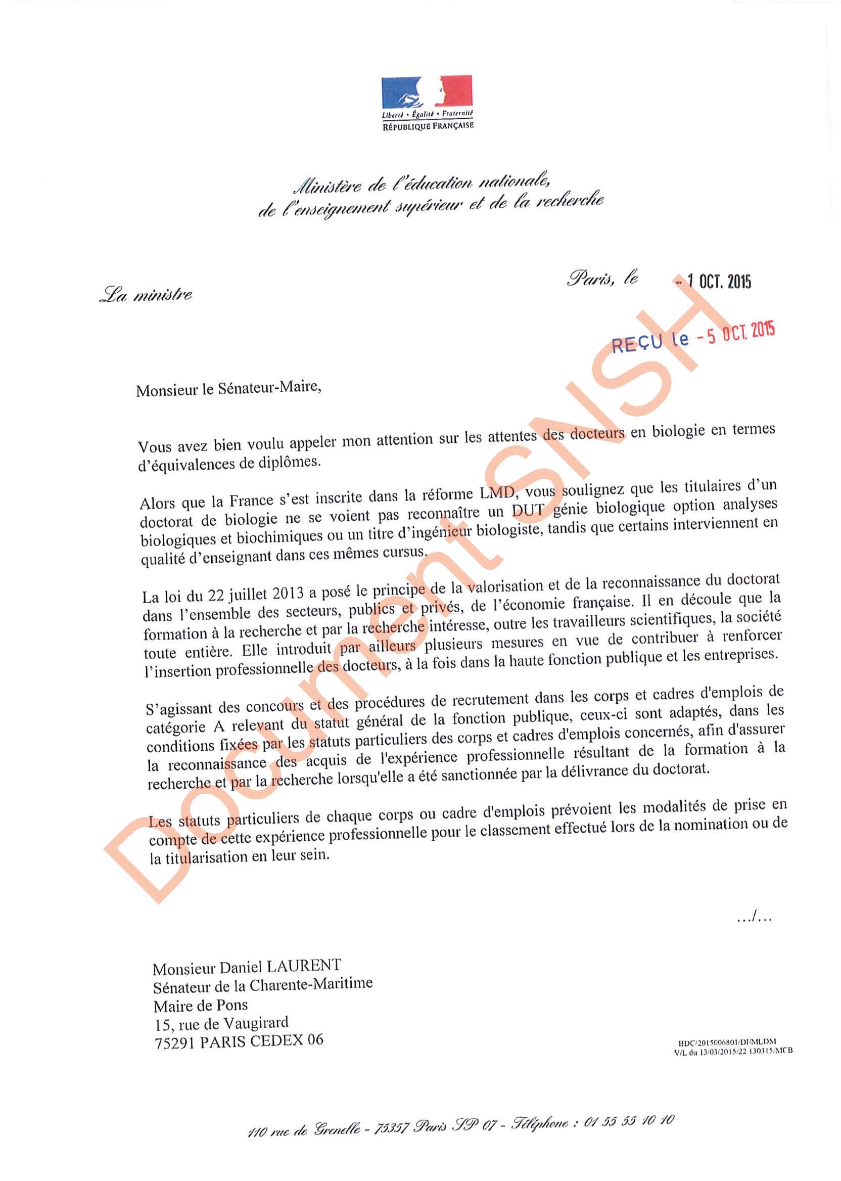 Réponse de Najat Vallaud-Belkacem sur la reconnaissance du doctorat en biologie