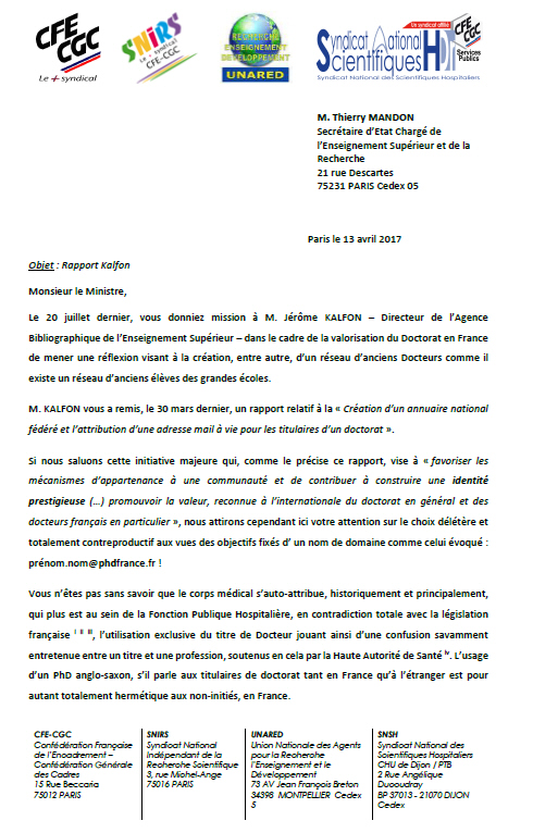 Courrier CFE-CGC et SNSH relatif à l'annuaire national des docteurs