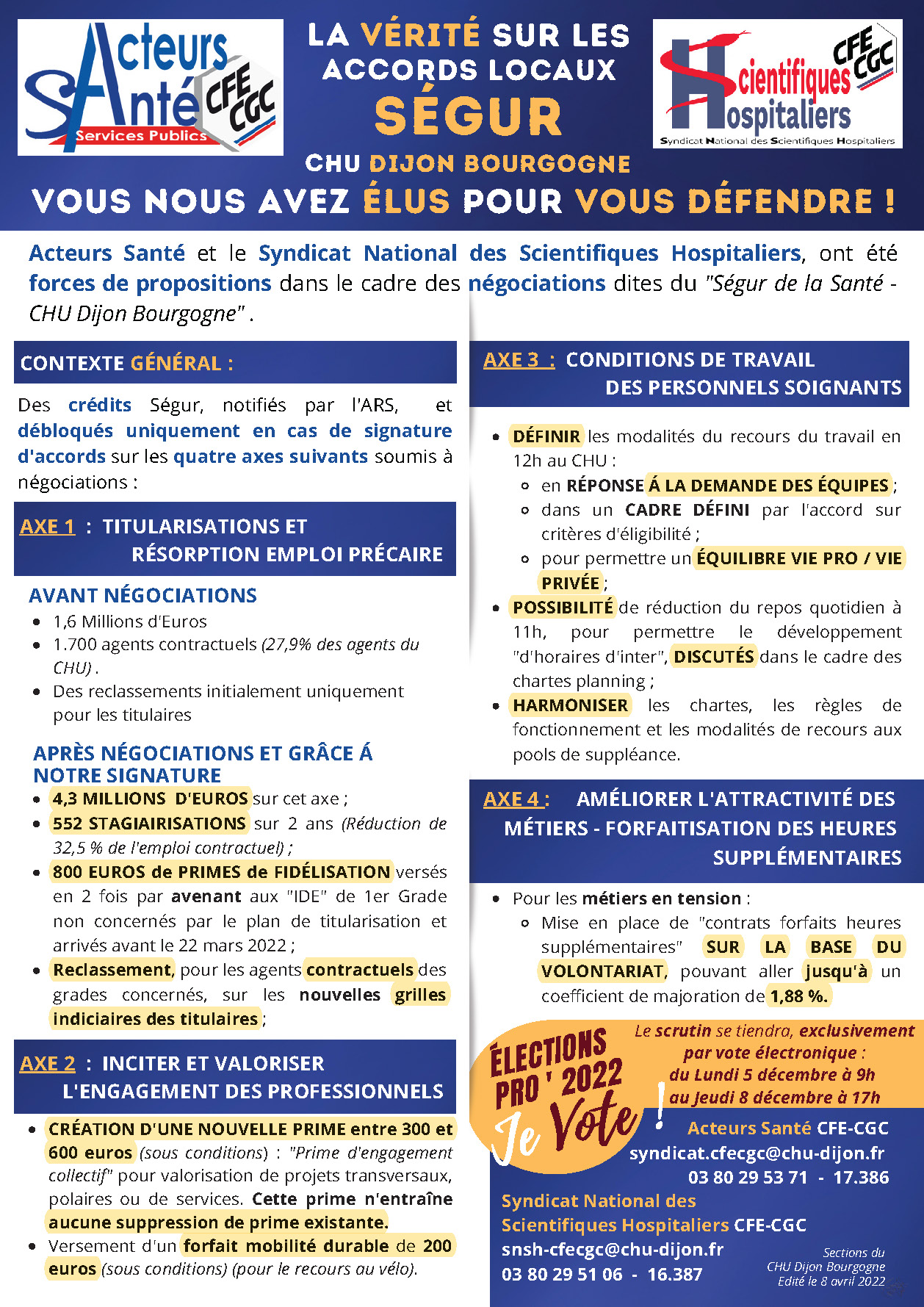 S&eacute;gur de la Sant&eacute; du CHU Dijon Bourgogne. Les syndicats CFE-CGC signent des accords gagnants pour les personnels du CHU. Elus pour vous d&eacute;fendre !