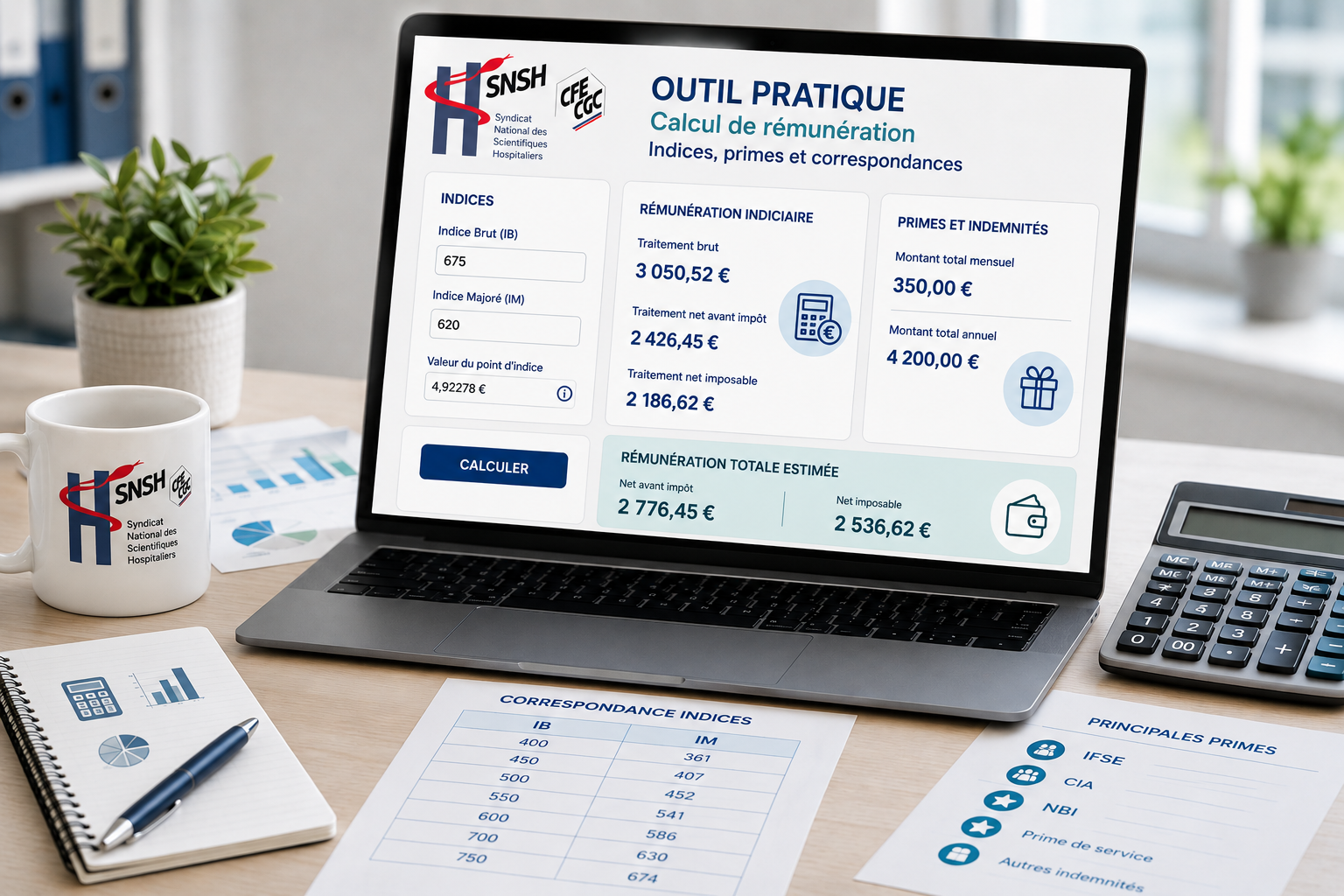 Outil SNSH CFE-CGC de correspondance entre indice brut, indice majoré et rémunération