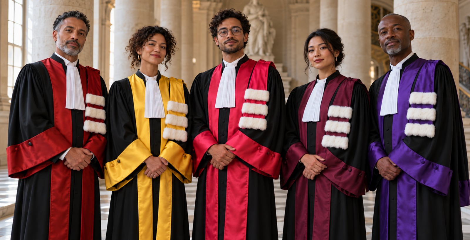 Universitaires en toges académiques françaises de différentes couleurs, avec épitoges à trois rangs blancs